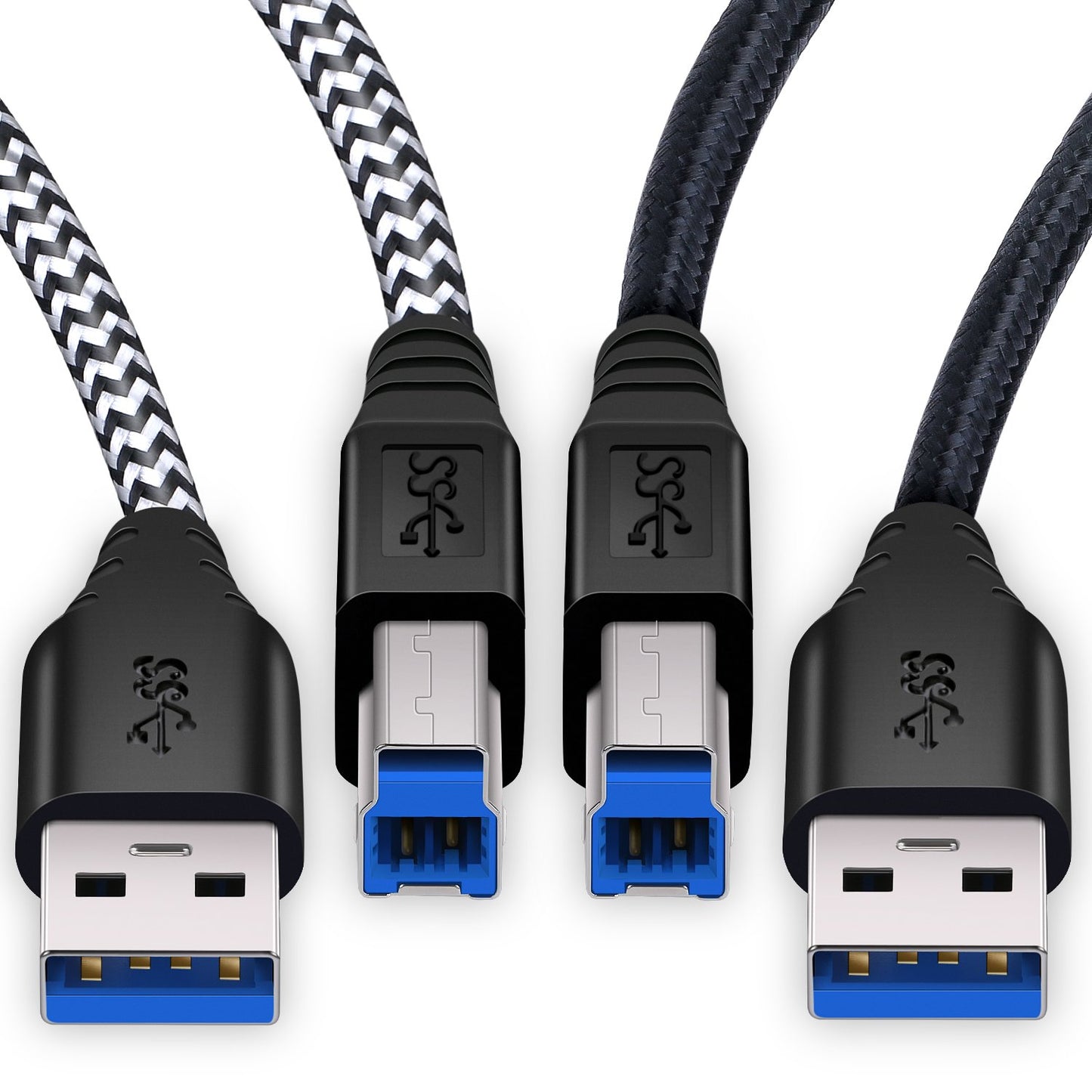 USB 3.0 A to B Male Cable - 2-Pack 6ft Extra Long Braided Data Cables in Black and White