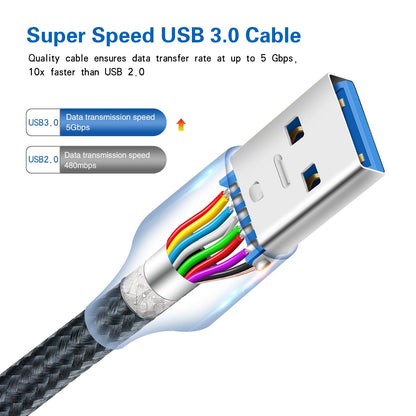 USB 3.0 A to B Male Cable - 2-Pack 6ft Extra Long Braided Data Cables in Black and White