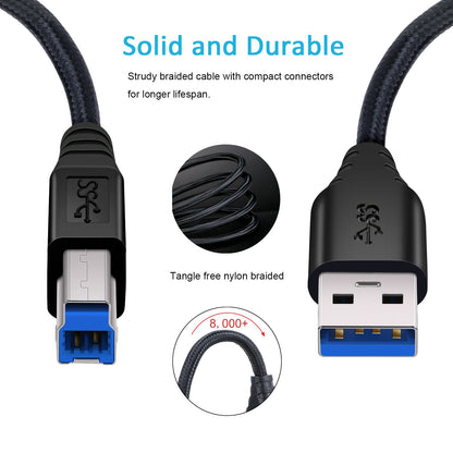 USB 3.0 A to B Male Cable - 2-Pack 6ft Extra Long Braided Data Cables in Black and White